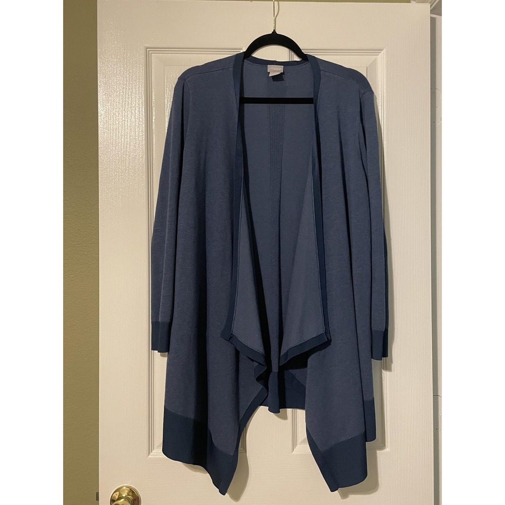 Chico's Cardigan Sweater Womens L Blue Open Front Drape Strap Hem Knit Longline